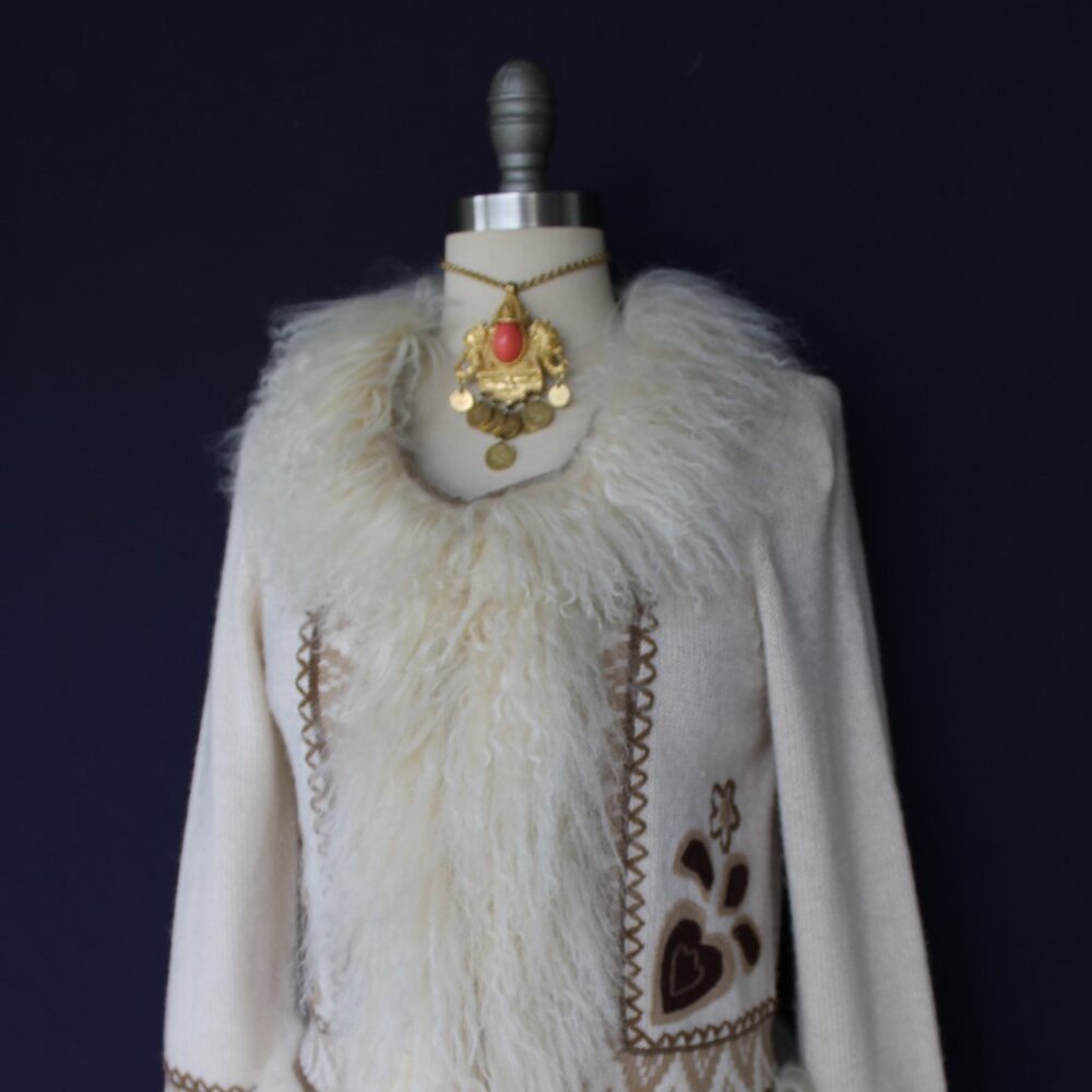 vintage Mongolian Curley lamb wool cardigan cowichan sweater jacket aplique M - Picture 3 of 12